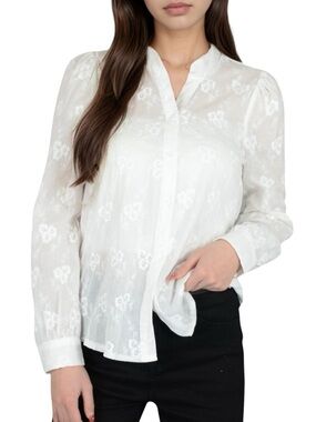 CP SHADES White Floral LOTUS Embroidered LongSleeve Blouse Sheer 100% Cotton Sm